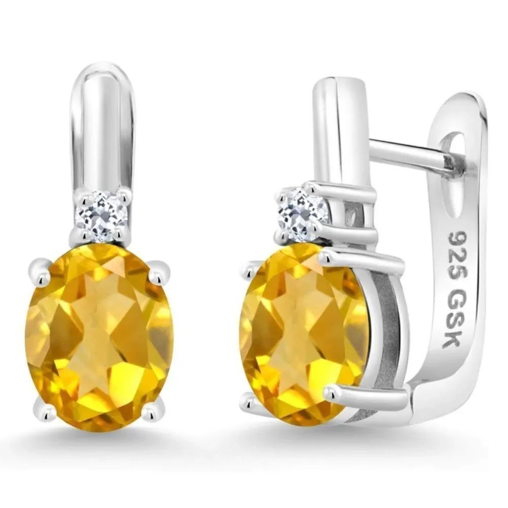 925 Sterling Silver with 2.46 Cttw Yellow Citrine and White Topaz Oval Earrings